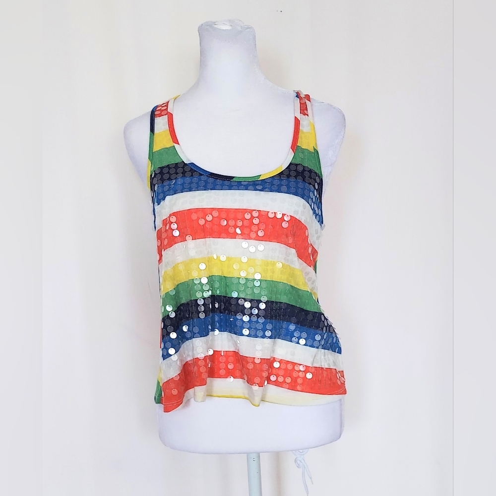 Almost Famous Racerback Multi Color Rainbow Sequined Tank Top Size Small